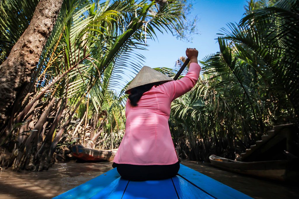 Mekong river boarding on sampan boat Mekong