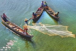 Burmese men fishing in Inle