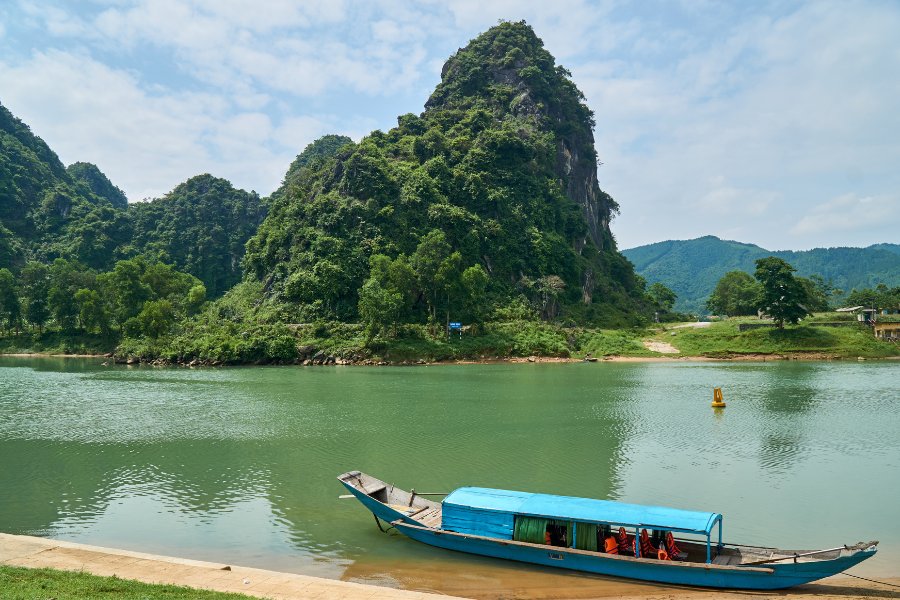 River to the Phong Nha cave with boats in the National Park of Phong Nha Ke Bang